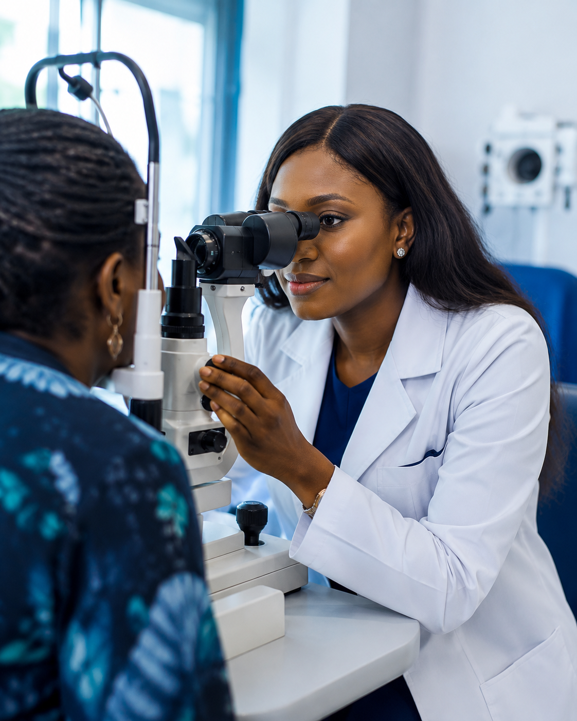 Optometrist examining a patient with a slit lamp at Cynard Eye Clinic